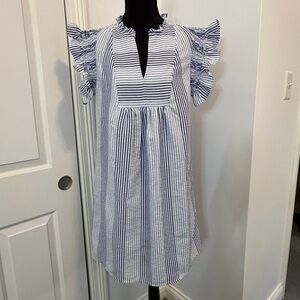 THML for Anthropologie - Blue & White Striped Seersucker Ruffle Dress - Size S